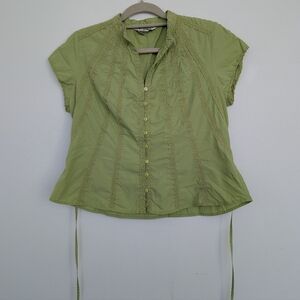 Vintage Y2K Embroidered Green Button-Up Women's Cap Sleeve Blouse Sz 10P